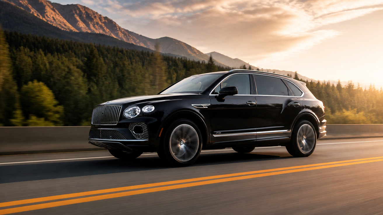 Carro SUV preto a circular numa estrada com montanhas e árvores ao pôr do sol.