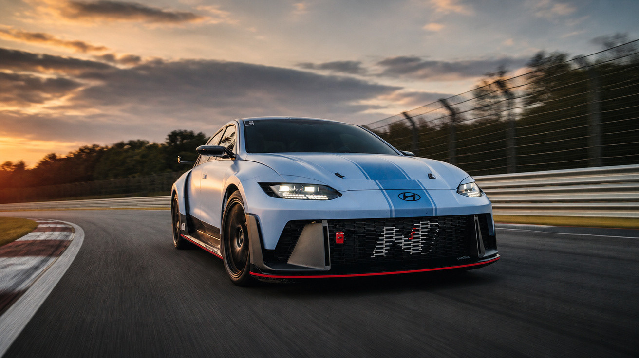 Carro desportivo Hyundai azul com faixa preta a acelerar numa pista de corrida ao pôr do sol.
