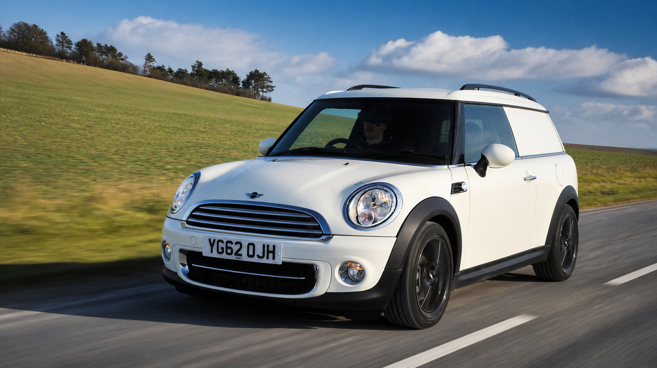 Carro Mini branco a circular numa estrada rural com céu azul e campos verdes ao fundo.