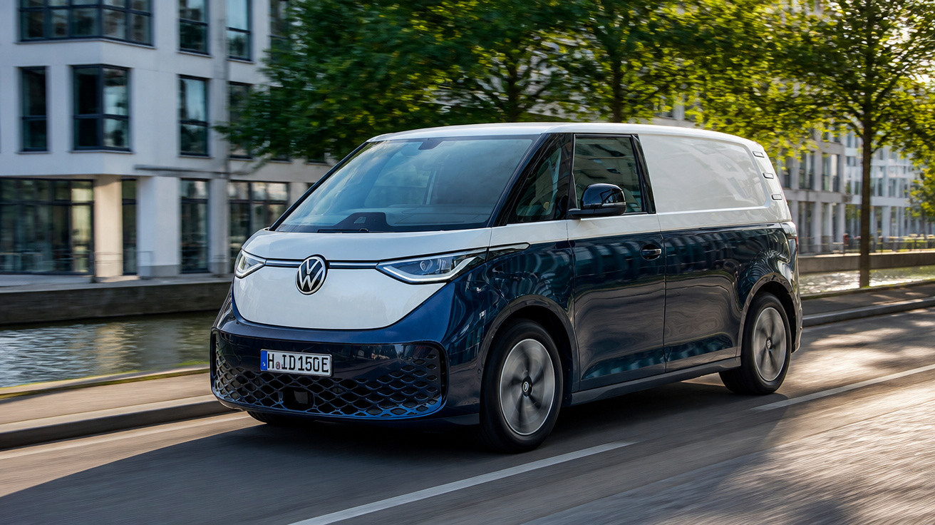 Carrinha eléctrica Volkswagen ID. Buzz Cargo azul e branca a circular numa estrada junto a um canal.