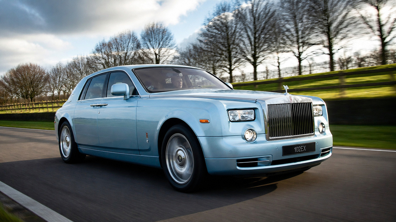 Carro Rolls-Royce azul vintage a circular numa estrada com árvores e relva ao fundo.