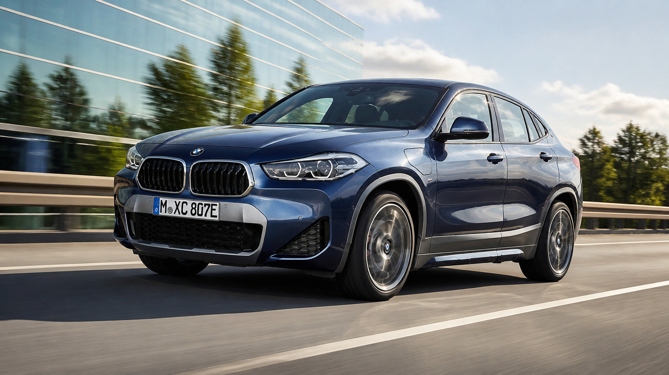 Carro BMW azul a circular numa estrada com edifício e árvores ao fundo.