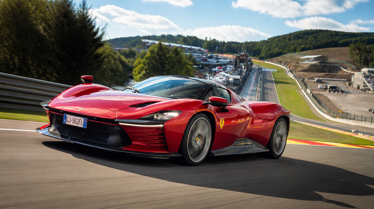 Carro desportivo vermelho da Ferrari em alta velocidade numa pista de corridas rodeada por árvores e colinas.