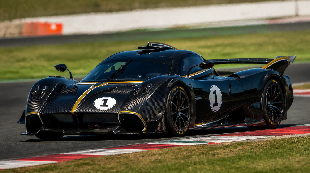 Carro de corrida preto com detalhes amarelos e número 1 a fazer curva numa pista de corrida.
