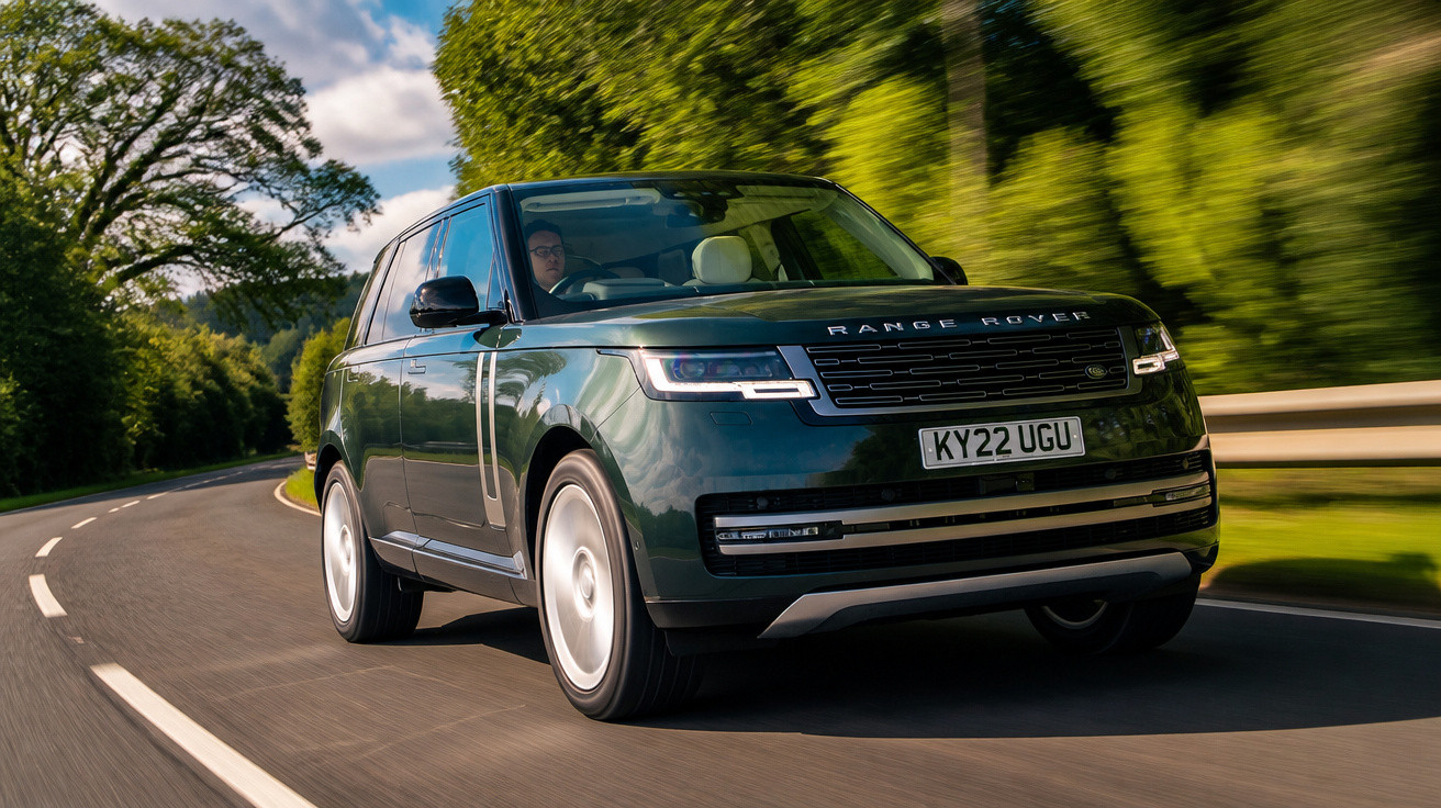 Carro Range Rover verde escuro a conduzir numa estrada sinuosa rodeada de árvores e vegetação.