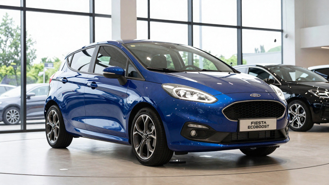 Carro azul Ford Fiesta EcoBoost em exposição numa sala de showroom moderna com janelas amplas.