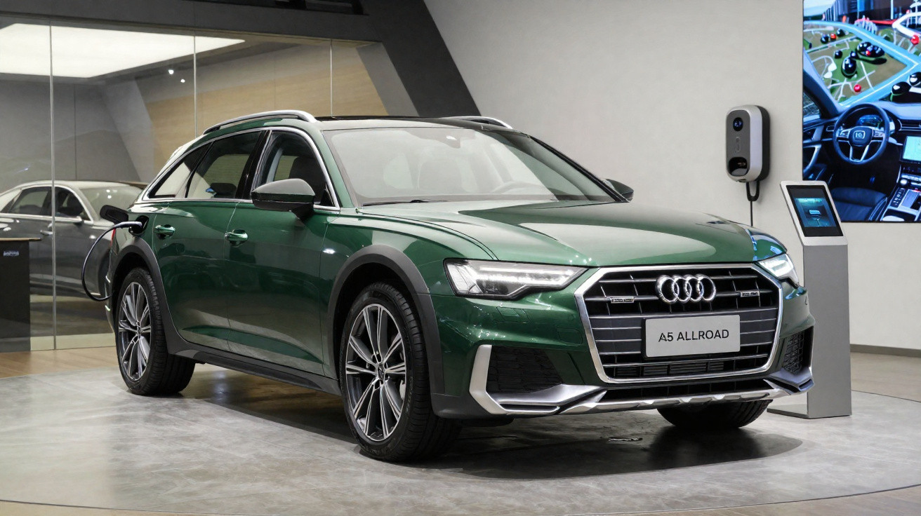 Carro Audi A5 Allroad verde elétrico em exposição moderna com carregador elétrico na parede.