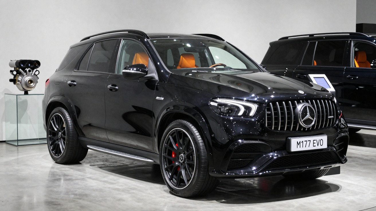 Carro SUV preto Mercedes-Benz M177 EVO com interior em couro castanho exposto em showroom moderno.