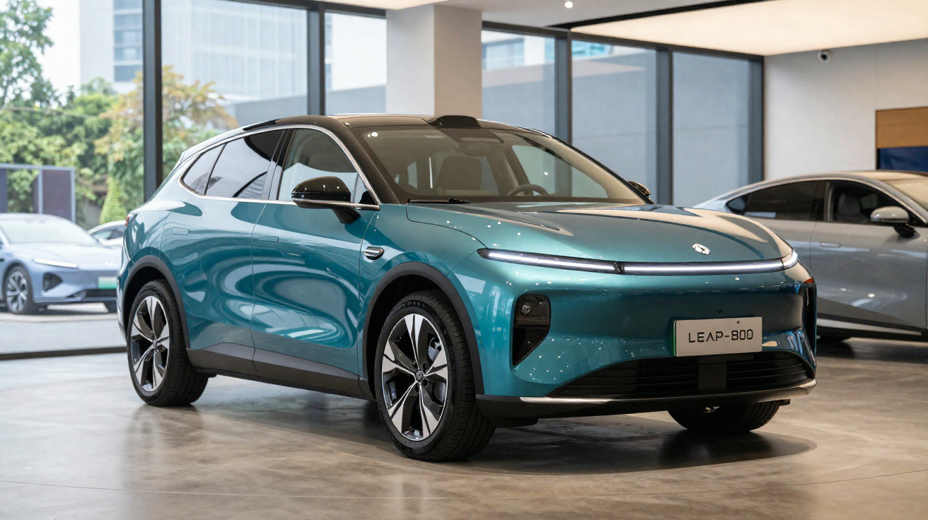 Carro elétrico compacto azul com design moderno exposto numa showroom iluminada e com janelas grandes.