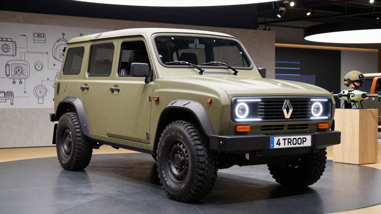 Veículo todo-o-terreno Renault 4 Troop verde militar exposto em interior moderno.