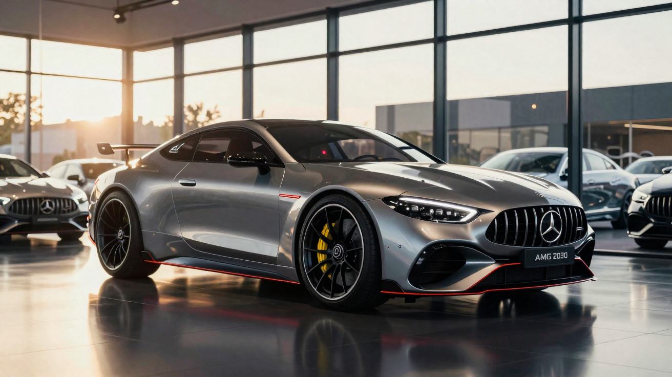 Carro desportivo Mercedes AMG 2030 prateado em exposição numa garagem moderna com luz natural.