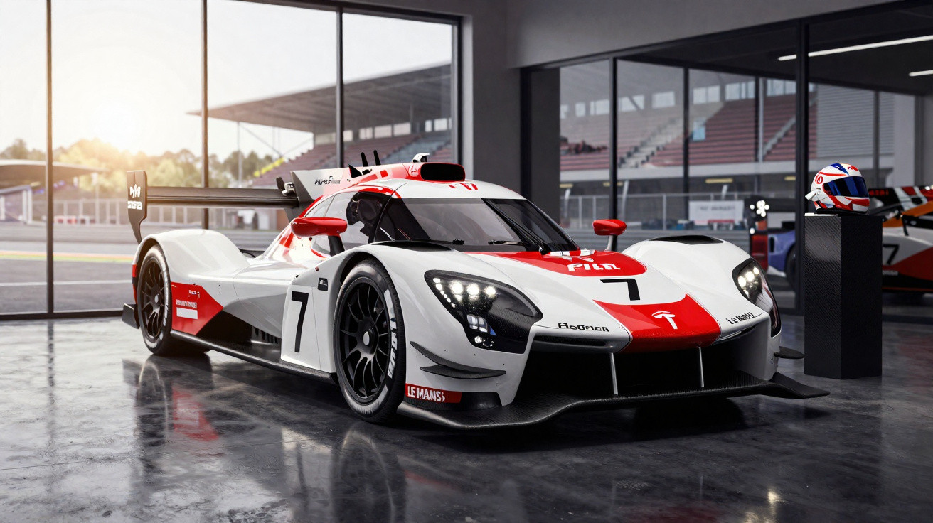 Carro de corrida elétrico Tesla vermelho e branco num boxe de pista com capacete ao lado.