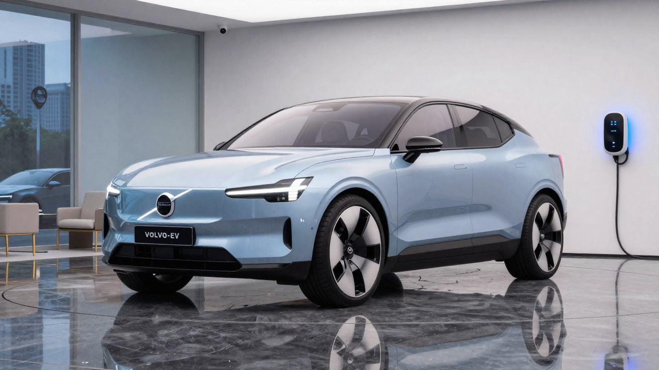 Carro elétrico Volvo EV azul estacionado em showroom moderno com estação de carregamento na parede.