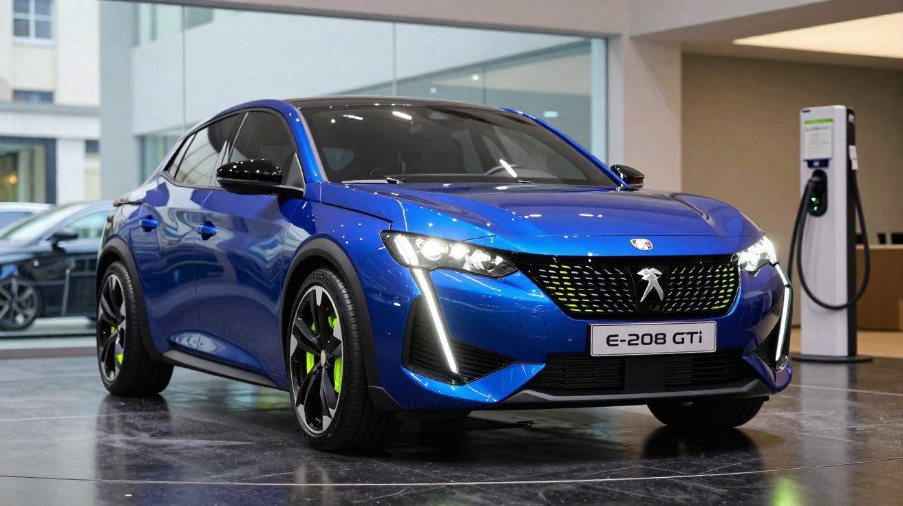 Carro elétrico azul Peugeot E-208 GTi estacionado junto a uma estação de carregamento interior.