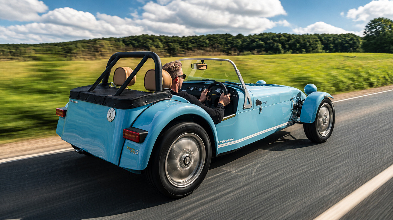 Carro desportivo clássico azul descapotável a circular numa estrada rodeada de campo verde sob céu com nuvens.