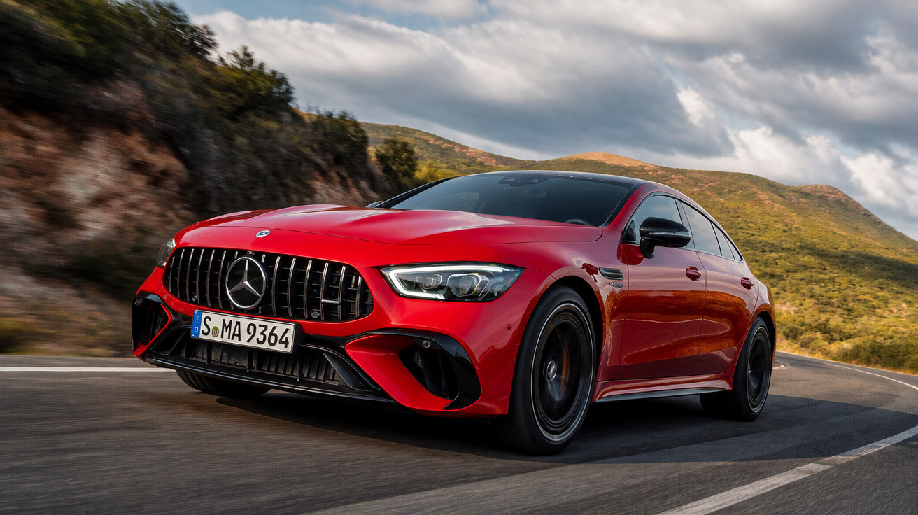 Carro desportivo Mercedes-Benz vermelho conduzido numa estrada sinuosa com paisagem montanhosa ao fundo.