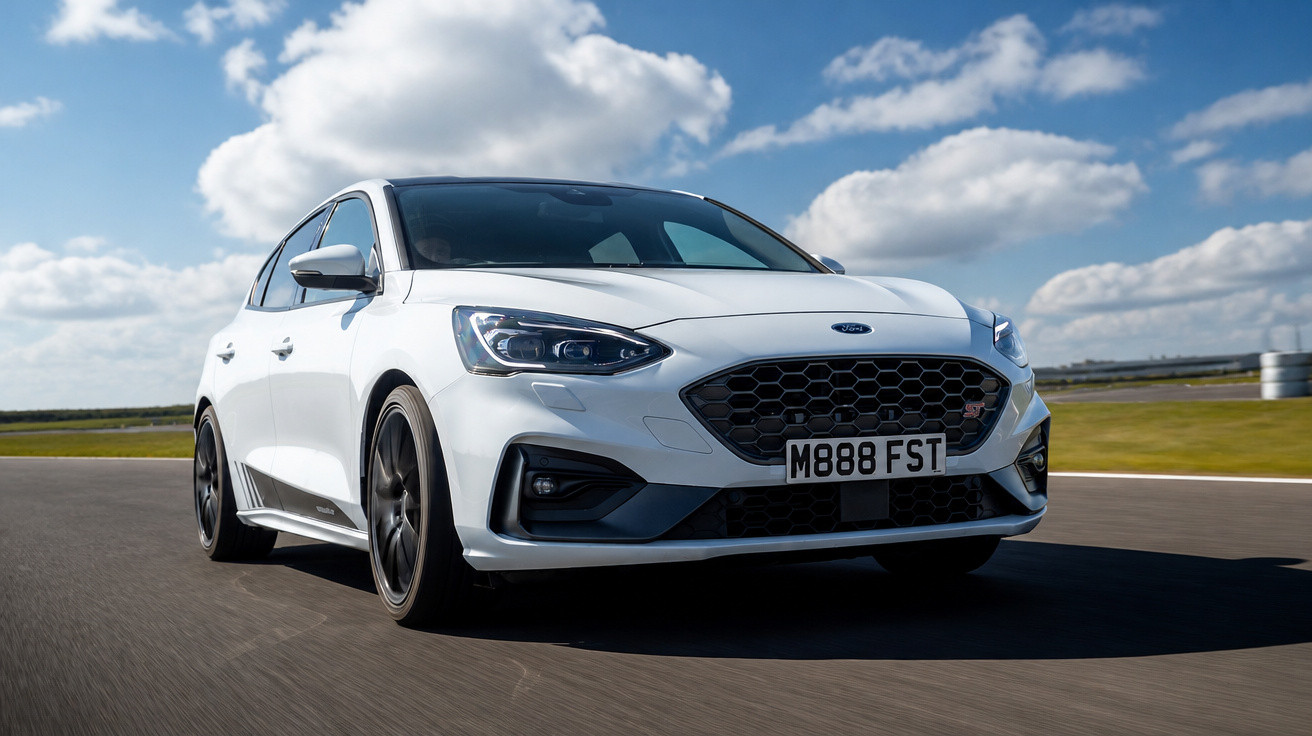 Carro desportivo branco Ford Focus ST em movimento numa pista de corrida sob céu parcialmente nublado.