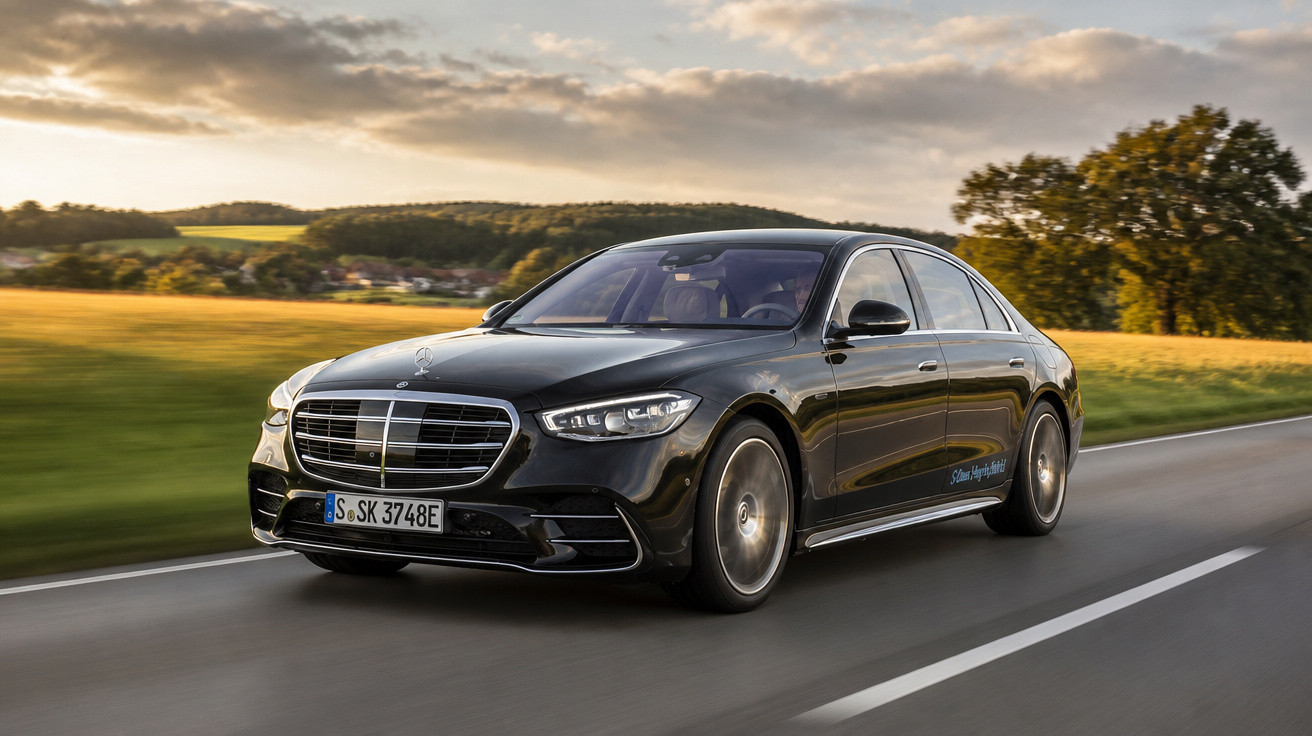 Carro Mercedes-Benz preto a circular numa estrada rodeada de campos e árvores ao pôr do sol.