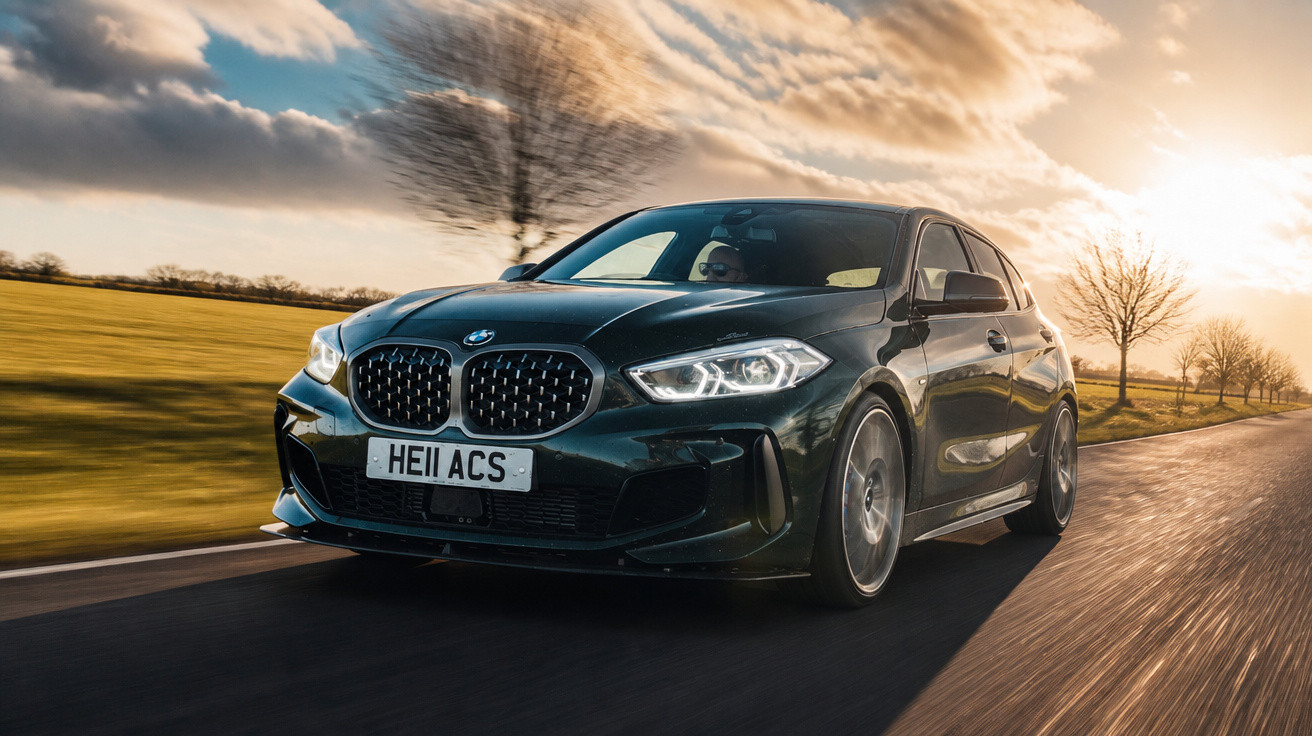 Carro BMW preto em movimento numa estrada com céu nublado e árvores ao fundo ao pôr do sol.