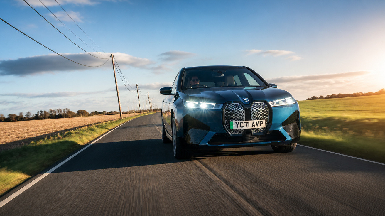 Carro BMW elétrico azul escuro a conduzir numa estrada country com campos e céu ao pôr do sol.
