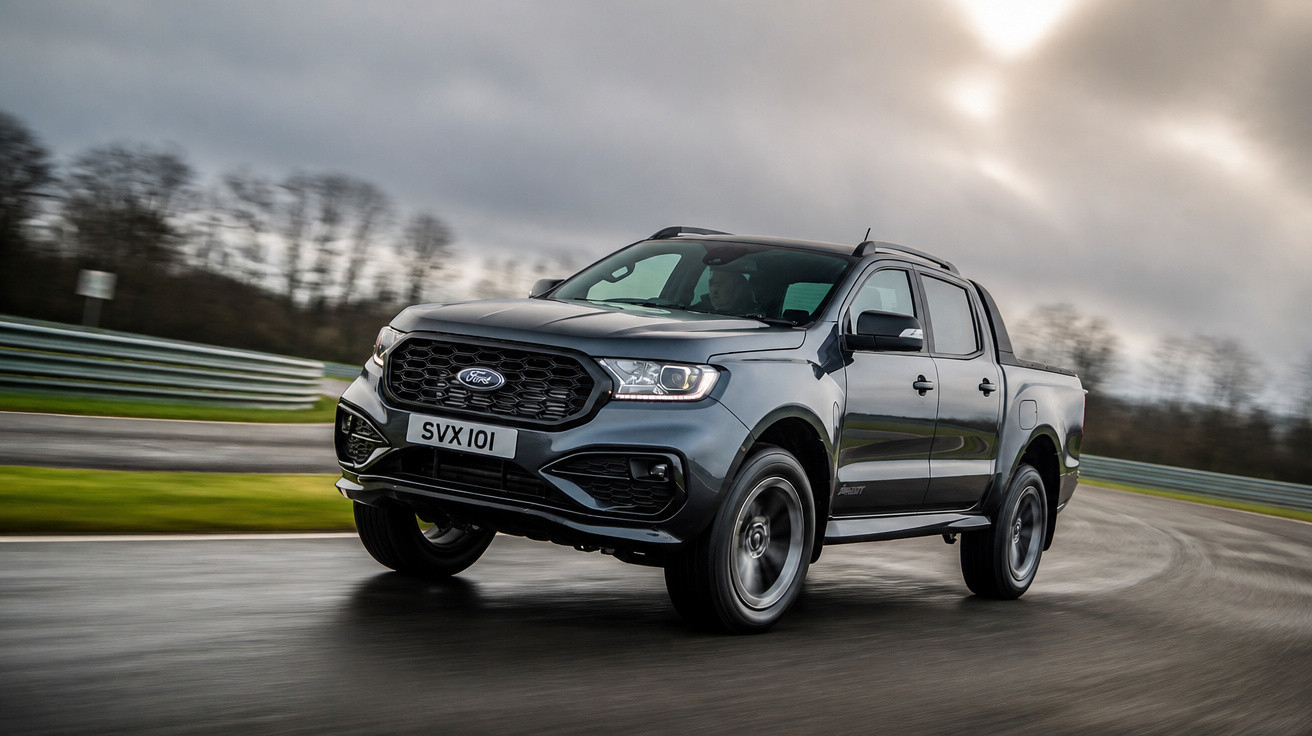 Pick-up Ford Ranger cinzenta em movimento numa estrada curva sob céu nublado.