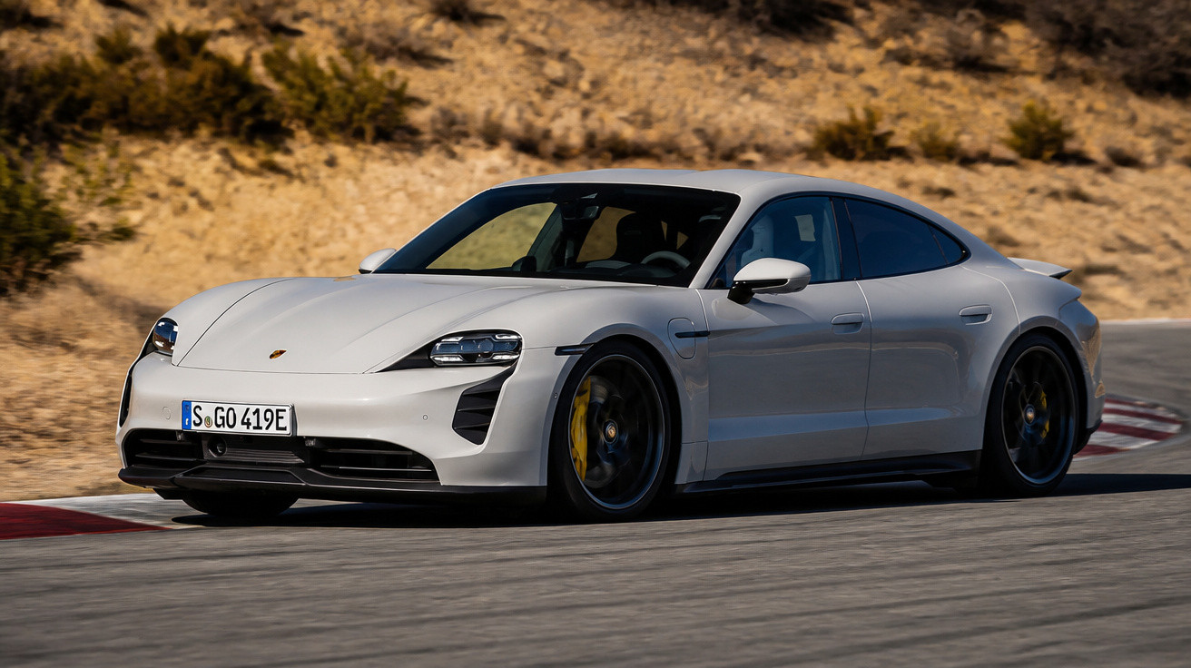 Carro elétrico desportivo Porsche Taycan branco a circular numa curva numa estrada asfaltada junto a uma área desértica.