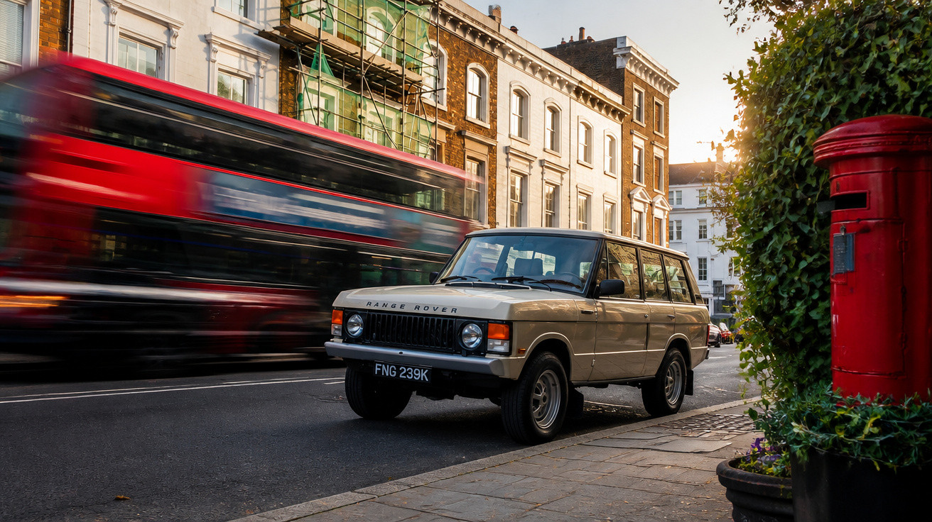 Carro Range Rover estacionado numa rua com autocarro vermelho a passar em movimento e caixa de correio vermelha.