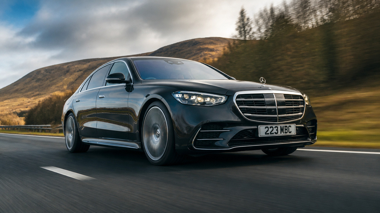 Carro preto Mercedes-Benz em movimento numa estrada com paisagem montanhosa ao fundo.