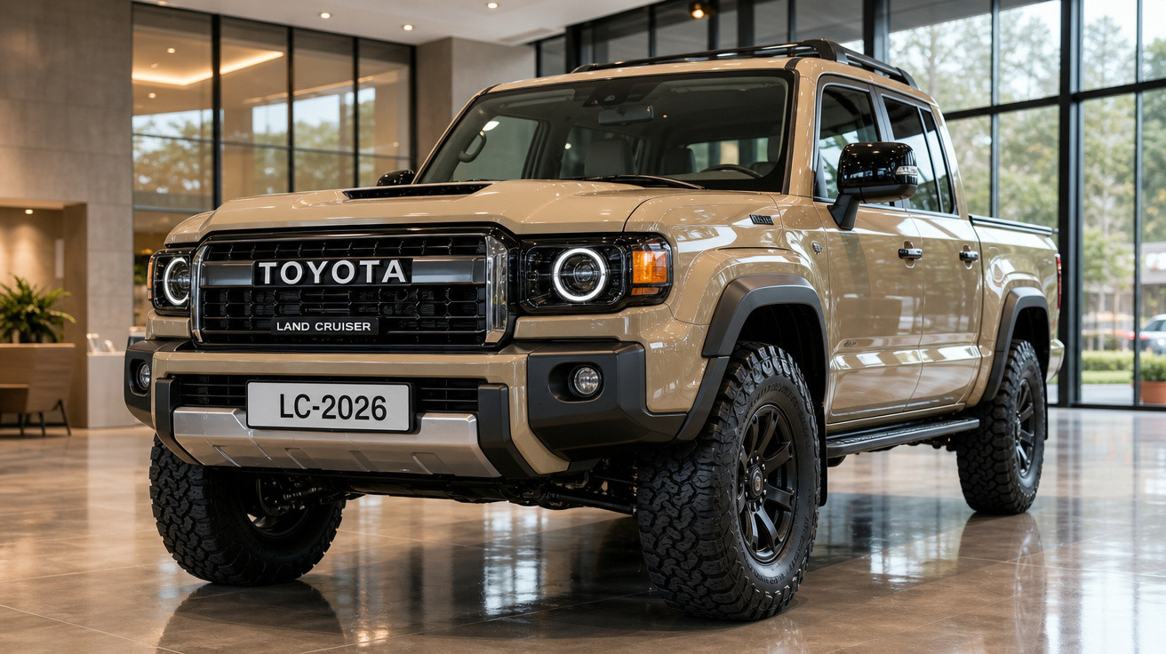 Toyota Land Cruiser bege, modelo 2026, exposição em espaço interior com janelas grandes e piso refletor.