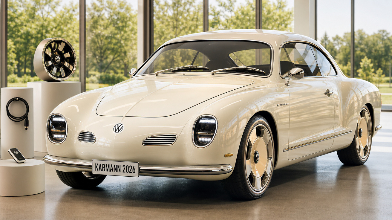 Carro eléctrico Volkswagen Karmann 2026 clássico branco em exposição numa sala com grandes janelas.