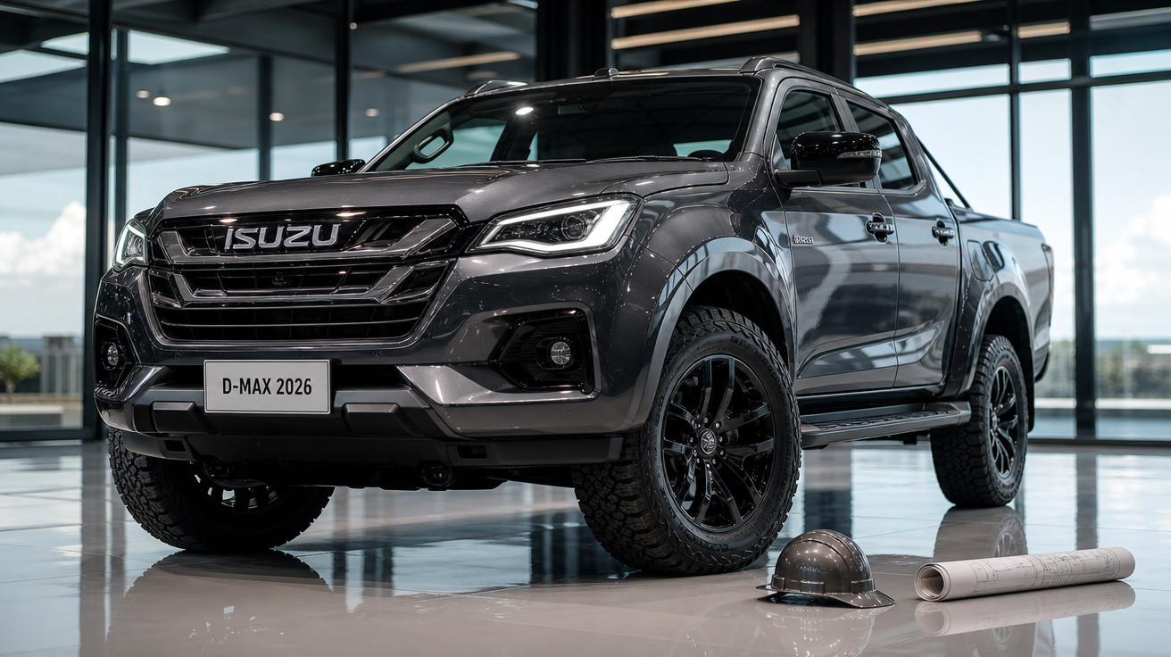 Pick-up Isuzu D-Max 2026 cinzenta exposta em showroom moderno com capacete e planta de construção ao lado.