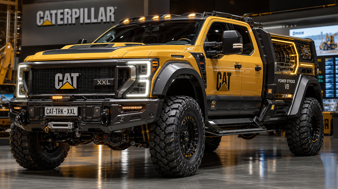 Carrinha de grandes dimensões amarela e preta da Caterpillar, modelo Power Stroke V8, exibida em salão.